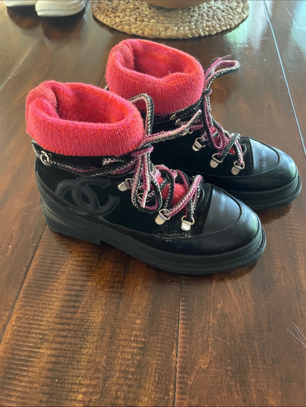 CHANEL Black Ankle Boots with Hot Pink Knit Cuff
